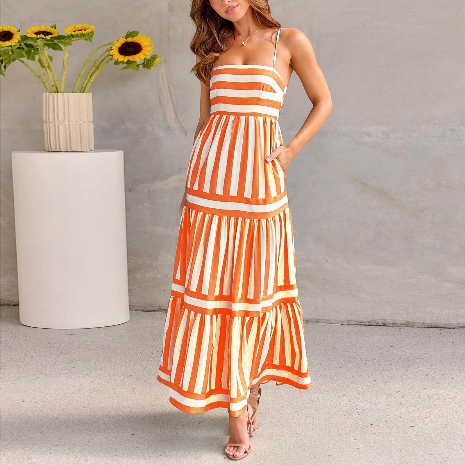 Women's Striped Suspender Long Dress – Stylish Summer Glam Look - MODISH X 