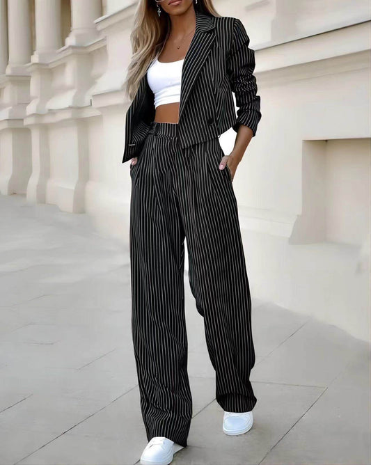 Women’s Fashion Striped Suits with Long Sleeve & Cropped Top - MODISH X 
