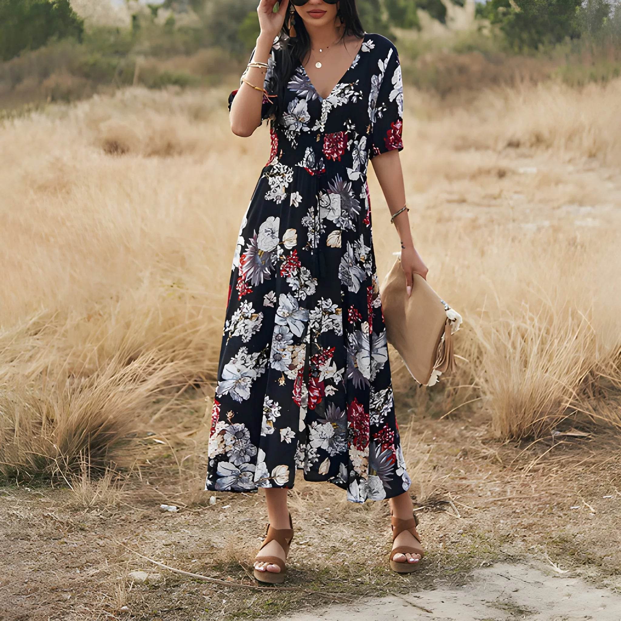 Women's Floral Summer Beach Dress – V-Neck Elastic Waist Style - MODISH X 