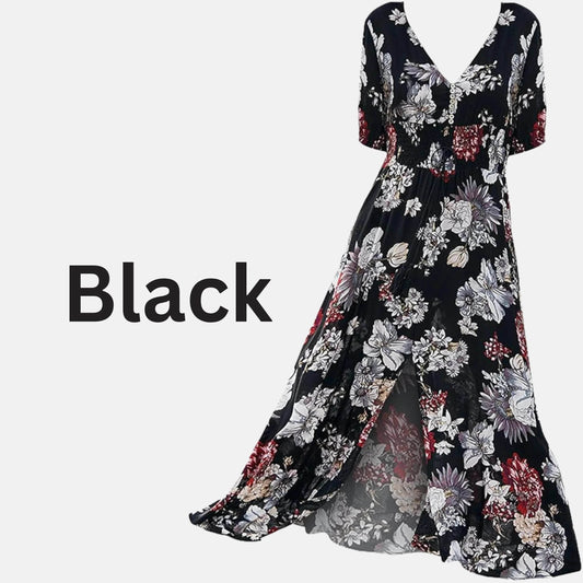 Women's Floral Summer Beach Dress – V-Neck Elastic Waist Style - MODISH X 