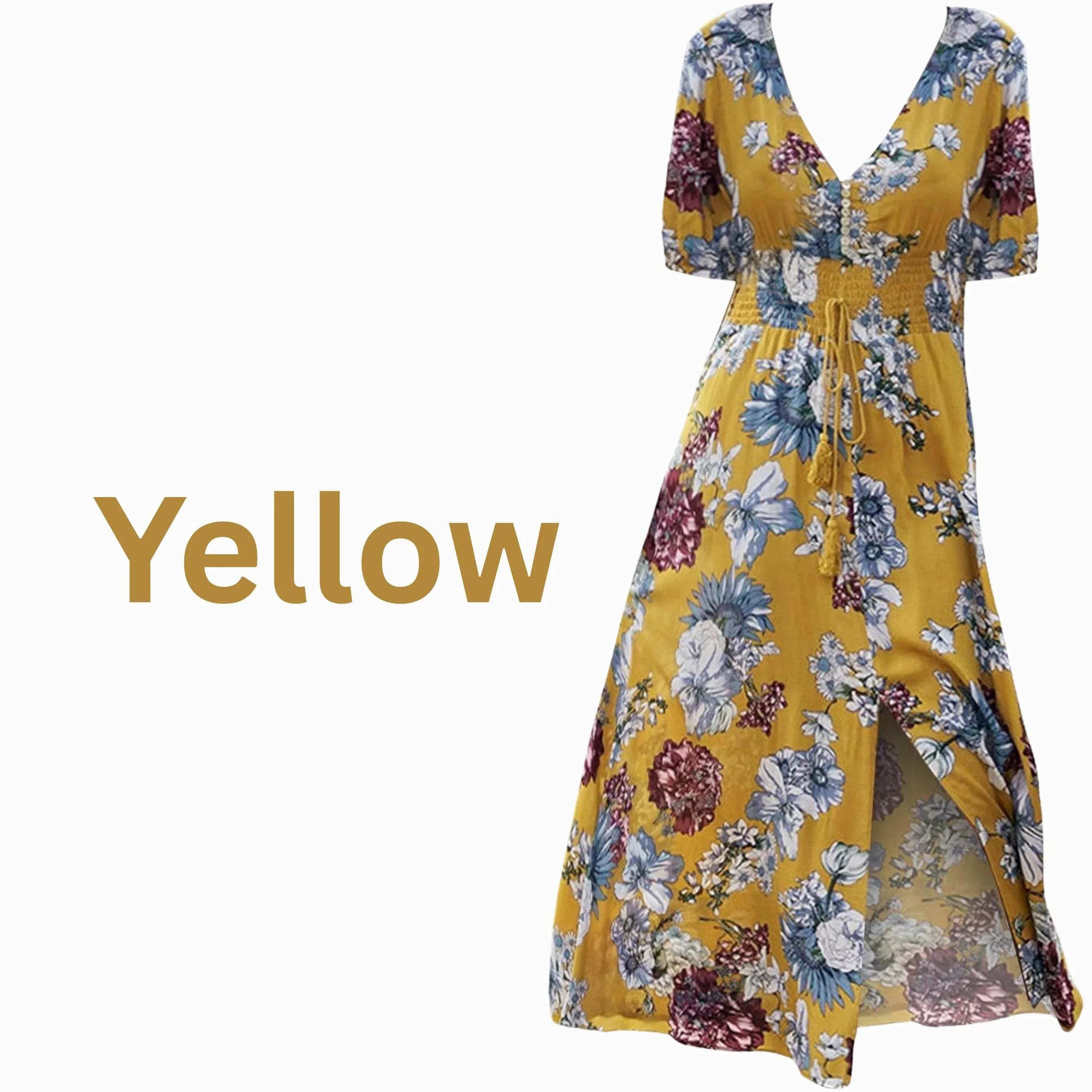 Women's Floral Summer Beach Dress – V-Neck Elastic Waist Style - MODISH X 