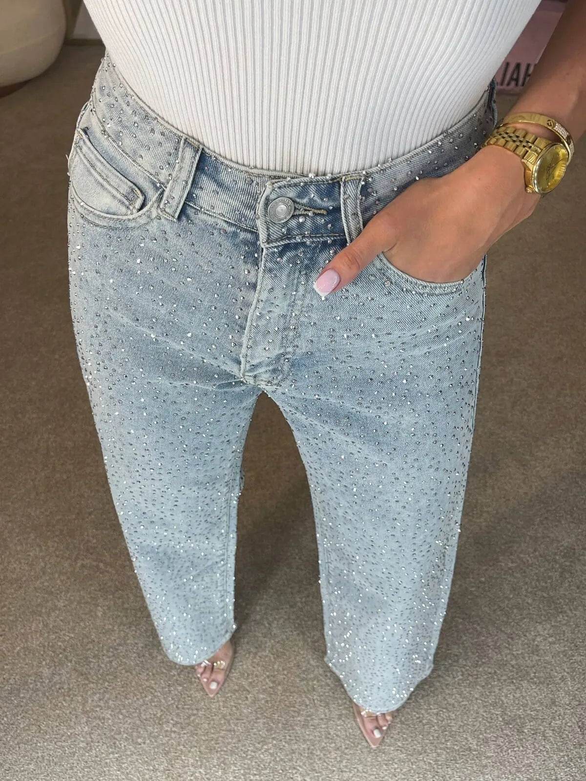 Women’s Full Rhinestone Denim Pants – High-End Glam Party Jeans - MODISH X 