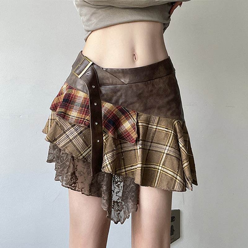 Women's Retro Plaid Patchwork Skirts – Bold & Asymmetric Style - MODISH X 