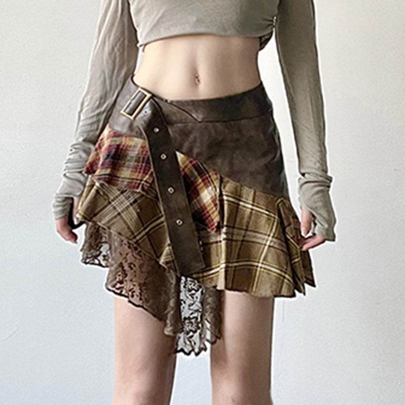 Women's Retro Plaid Patchwork Skirts – Bold & Asymmetric Style - MODISH X 