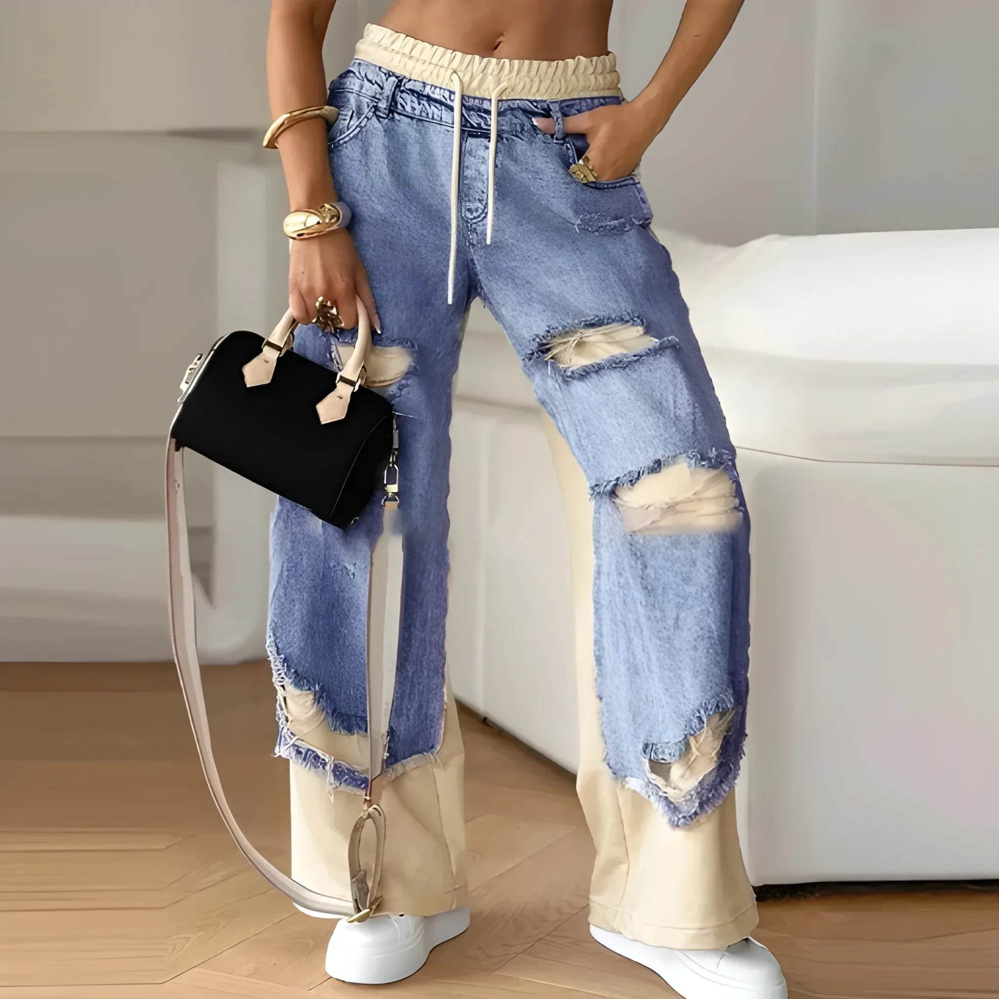 Women’s Ripped Patchwork Denim Trousers – High-Waist Streetwear Style - MODISH X 
