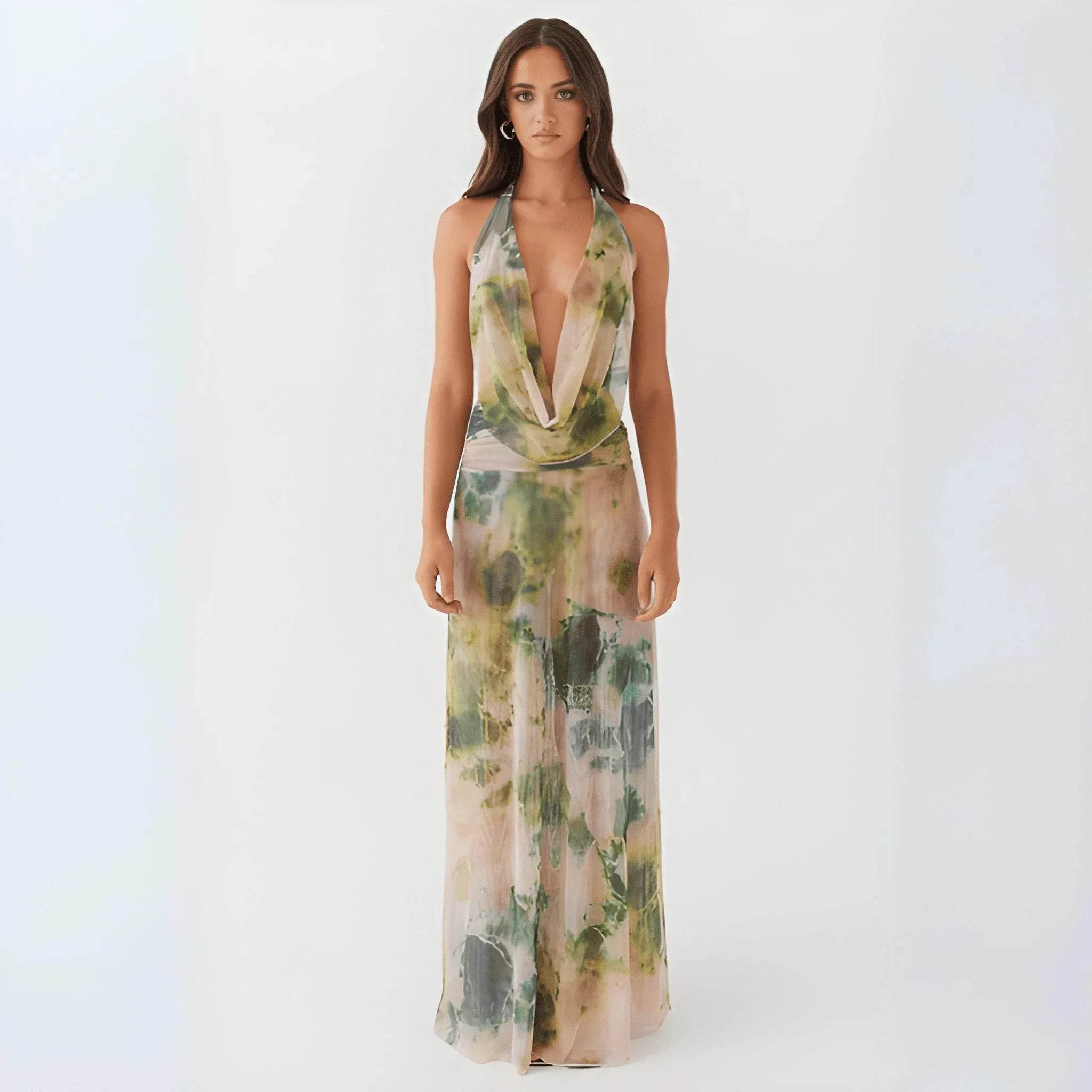 Women's Tie-Dye Deep V-Neck Long Dress – Trendy UK Modish Style - MODISH X 