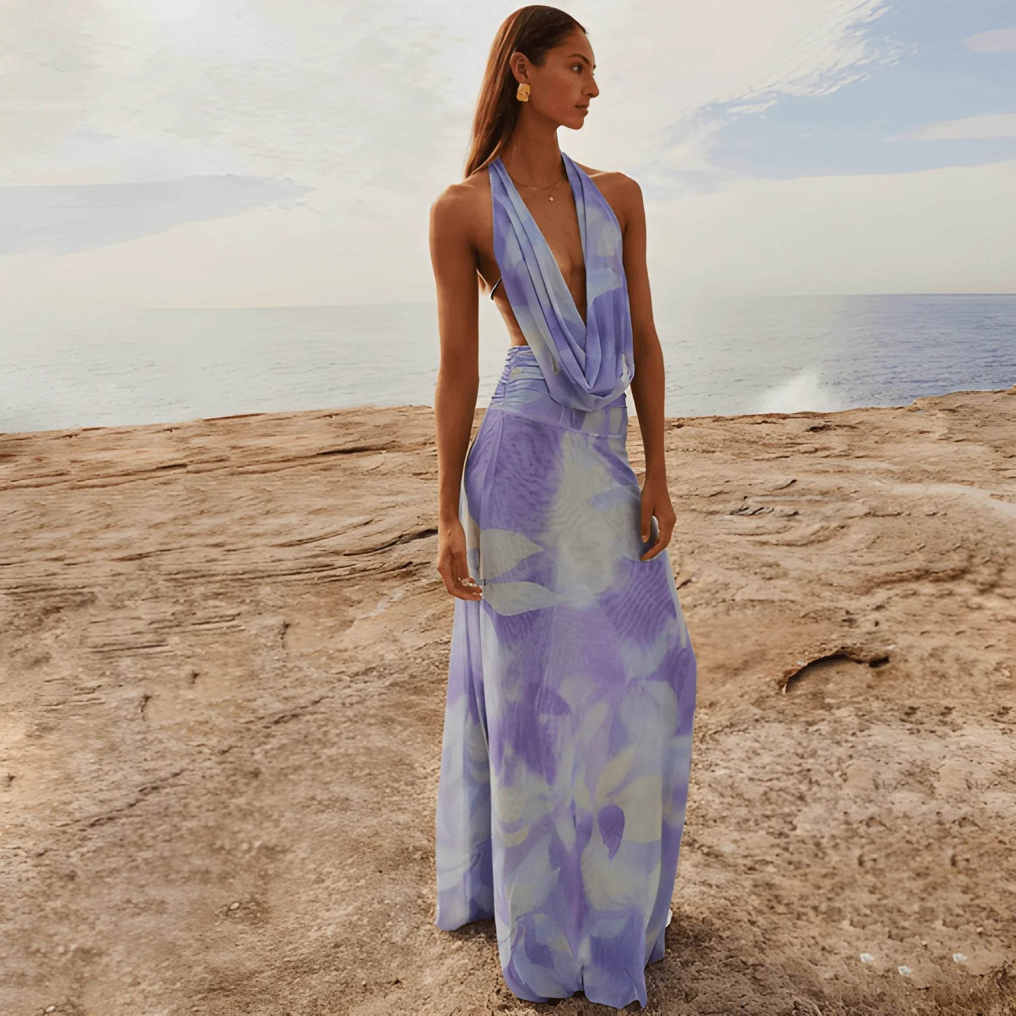 Women's Tie-Dye Deep V-Neck Long Dress – Trendy UK Modish Style - MODISH X 