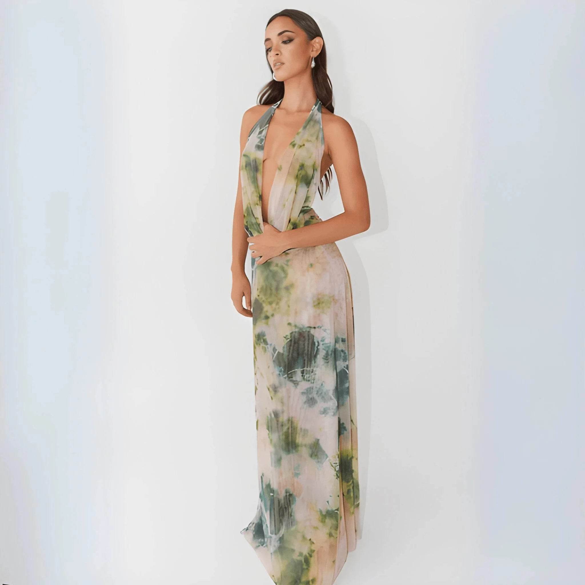 Women's Tie-Dye Deep V-Neck Long Dress – Trendy UK Modish Style - MODISH X 