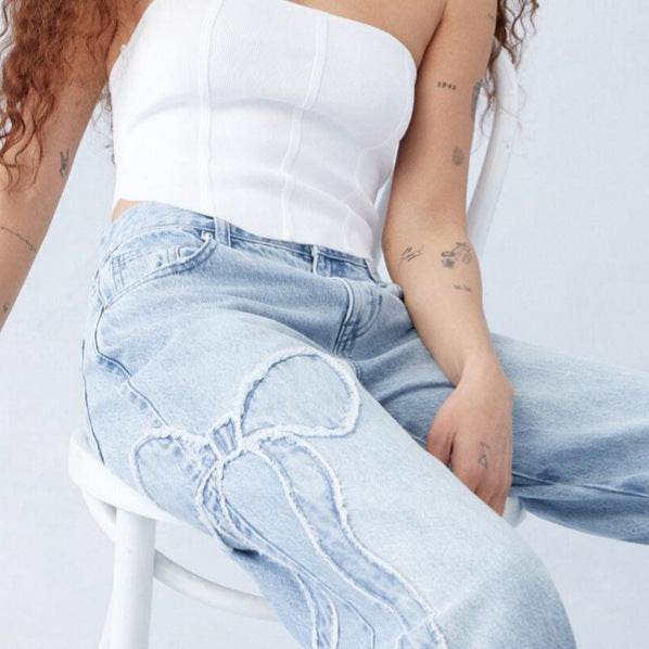 Women's Butterfly Embroidered Jeans – Stylish Straight-Leg Walking Trousers - MODISH X 
