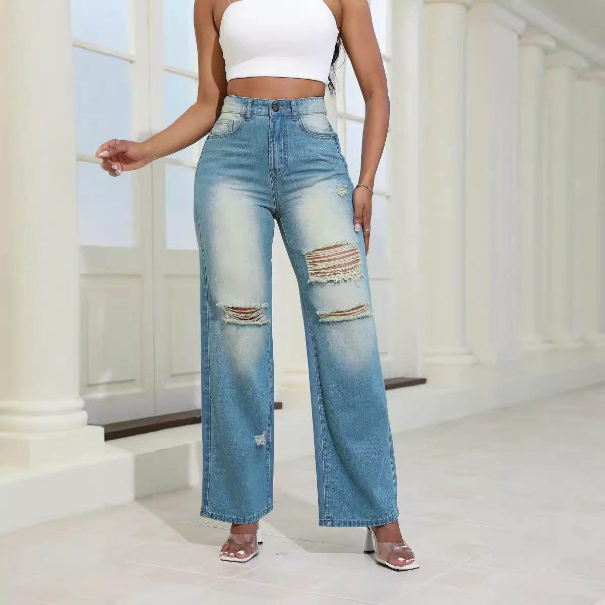 Women’s High Waist Ripped Jeans with Pockets – Edgy, Comfy & Pocketed - MODISH X 