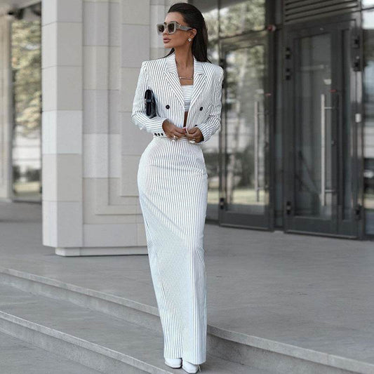 Women's White Business Suit for Modern Style Plaid Two-Piece Skirt Set - MODISH X 