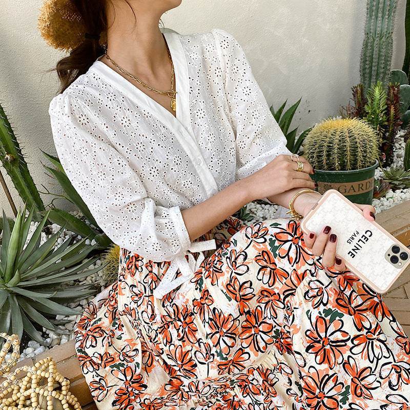 Women's French White Cotton Embroidered Shirt – Elegant & Chic Style - MODISH X 