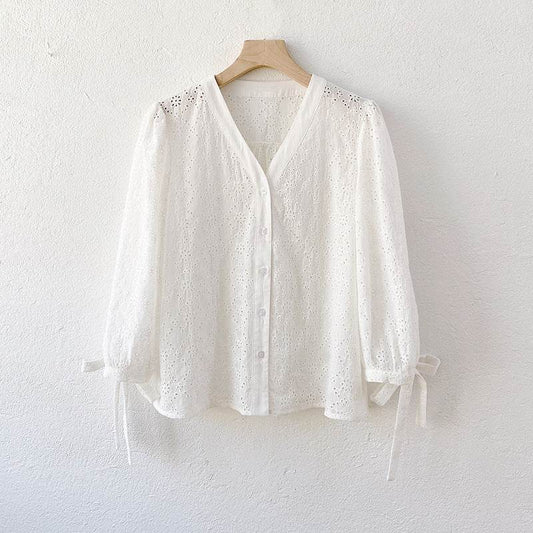 Women's French White Cotton Embroidered Shirt – Elegant & Chic Style - MODISH X 