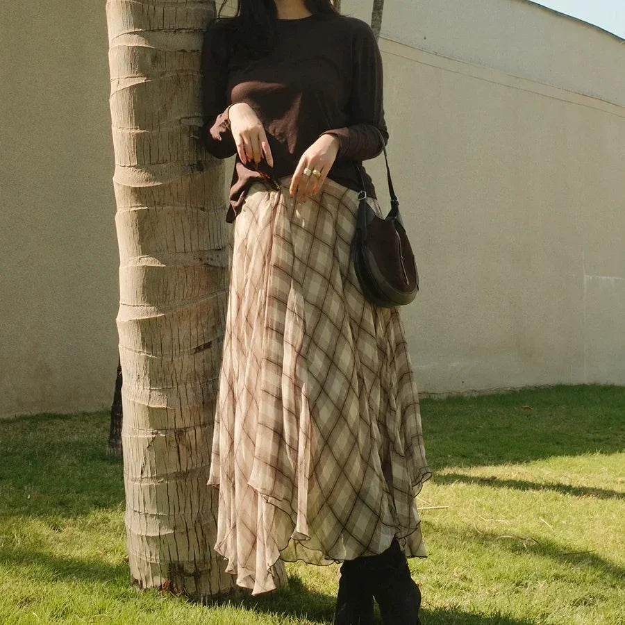 Women’s French Style Check Midi Skirt with Pockets – Chic & Classic - MODISH X 
