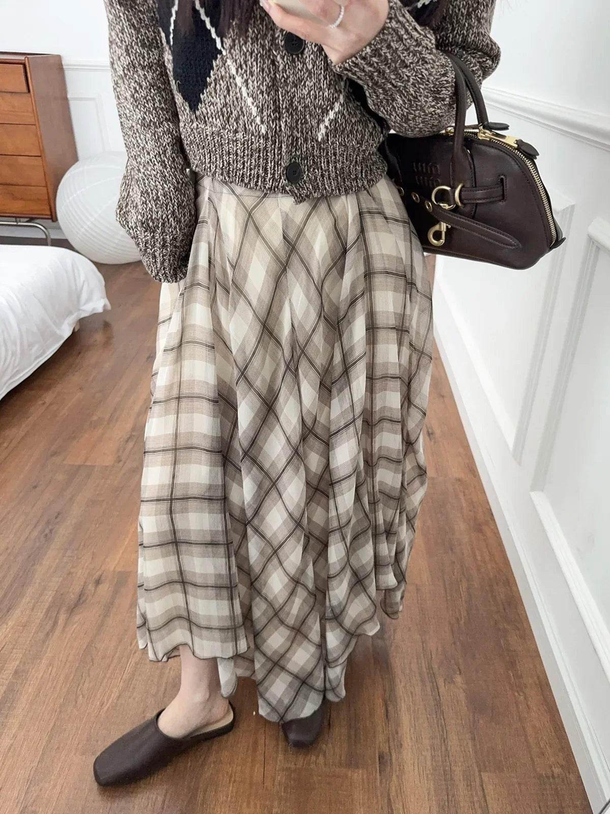 Women’s French Style Check Midi Skirt with Pockets – Chic & Classic - MODISH X 