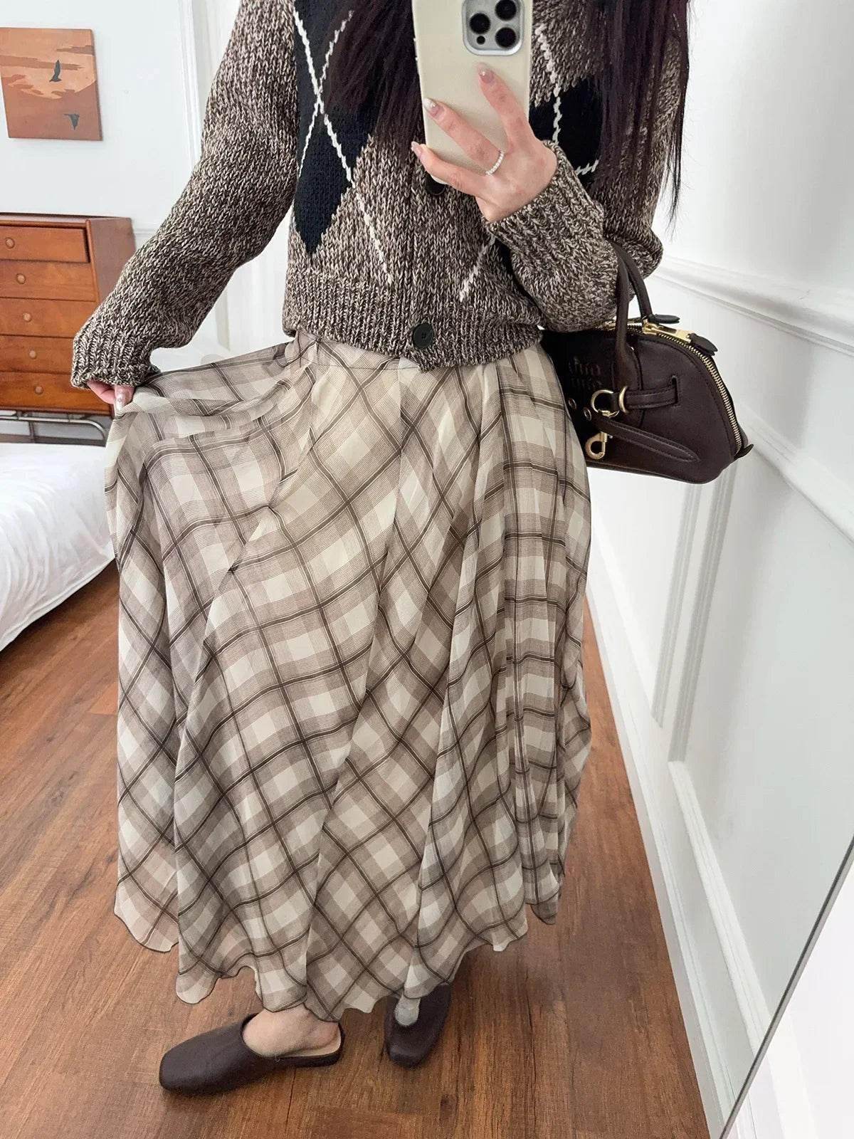 Women’s French Style Check Midi Skirt with Pockets – Chic & Classic - MODISH X 