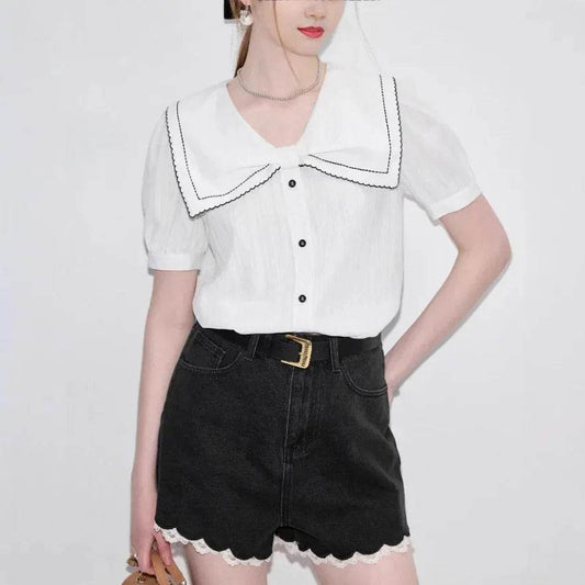 Women’s White Bubble Sleeve Shirt with Butterfly Knot – Chic Style - MODISH X 