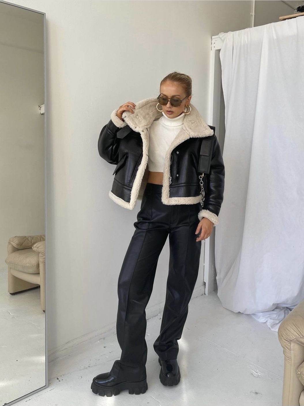 Women's Leather Short Coat – Wool Collar, Chic & Warm Eco-Friendly Outerwear - MODISH X 