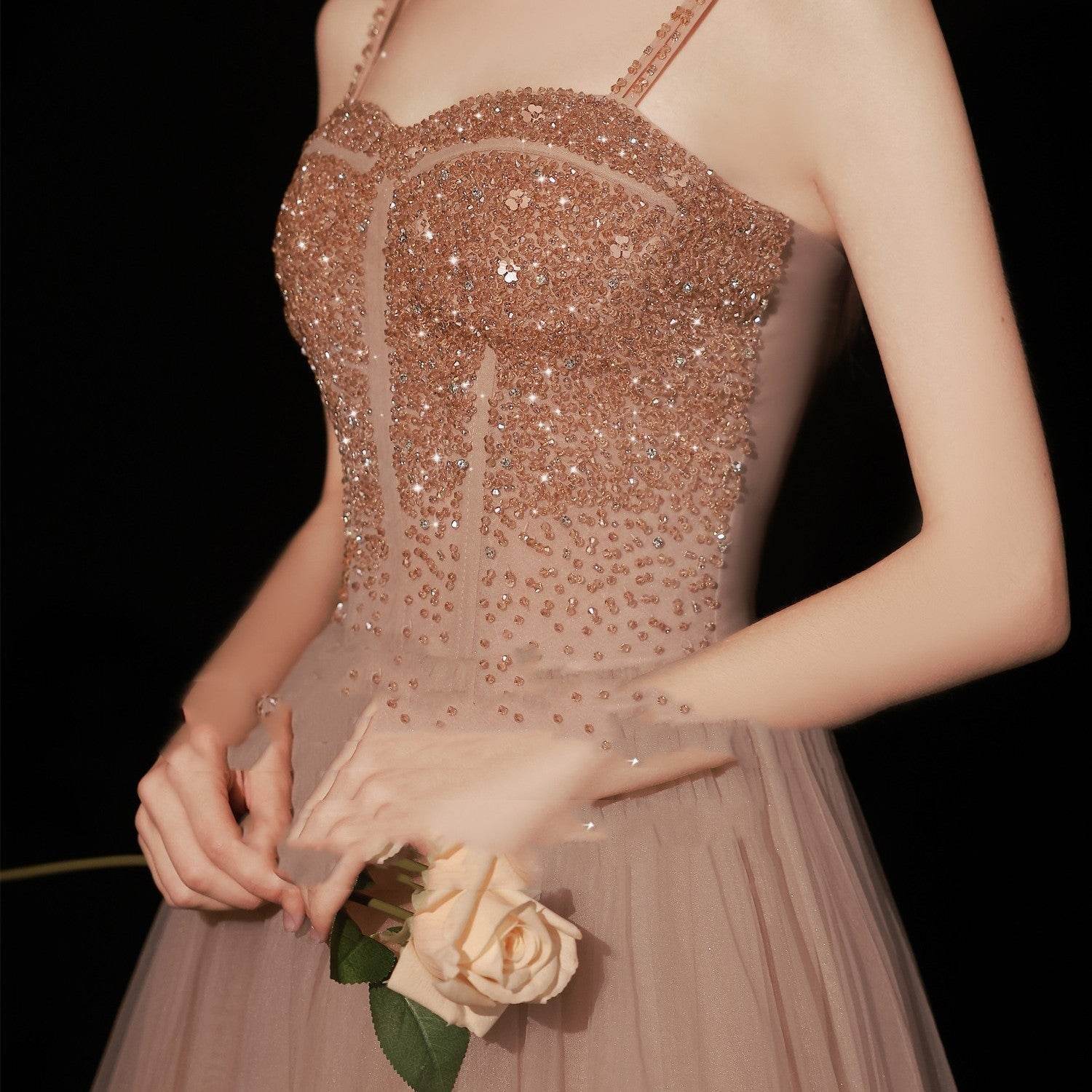 Women's Golden Evening Dress with Crystal Beading – Trendy Party Style - MODISH X 