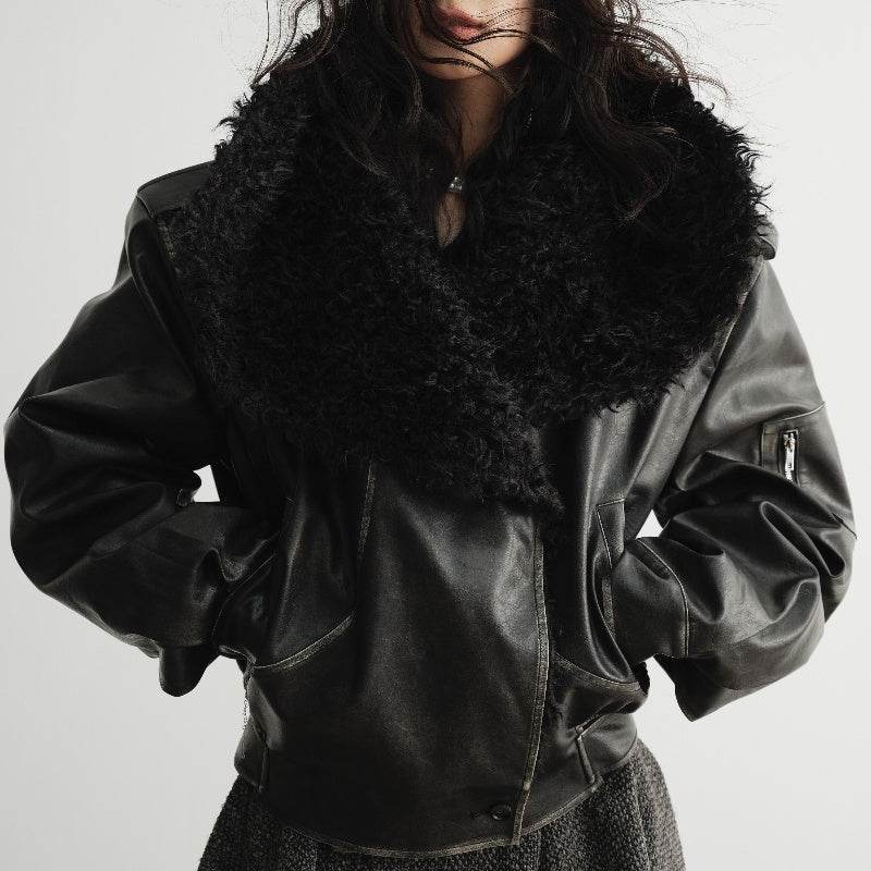 Women’s Big Fur Collar Leather Jacket – Stylish, Edgy & Warm - MODISH X 