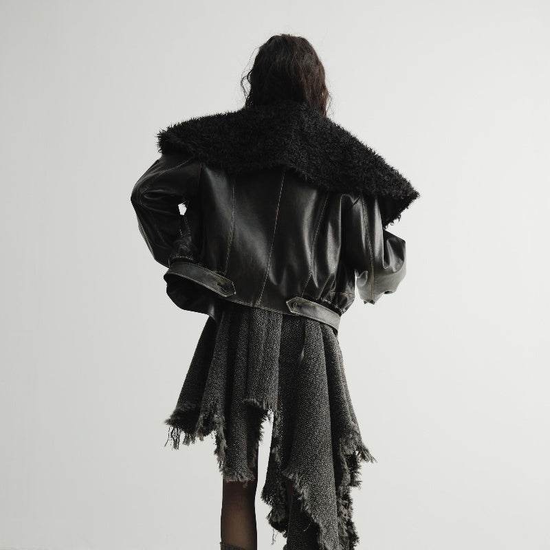 Women’s Big Fur Collar Leather Jacket – Stylish, Edgy & Warm - MODISH X 