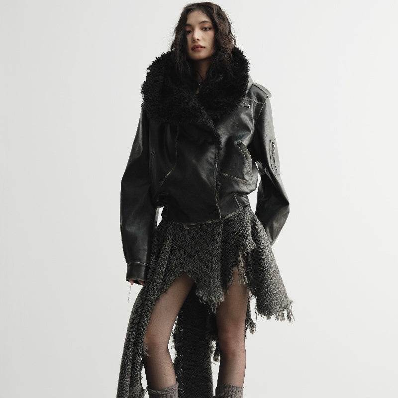 Women’s Big Fur Collar Leather Jacket – Stylish, Edgy & Warm - MODISH X 