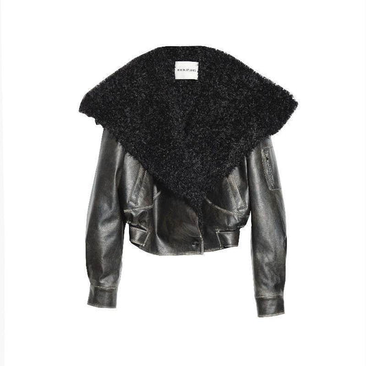Women’s Big Fur Collar Leather Jacket – Stylish, Edgy & Warm - MODISH X 
