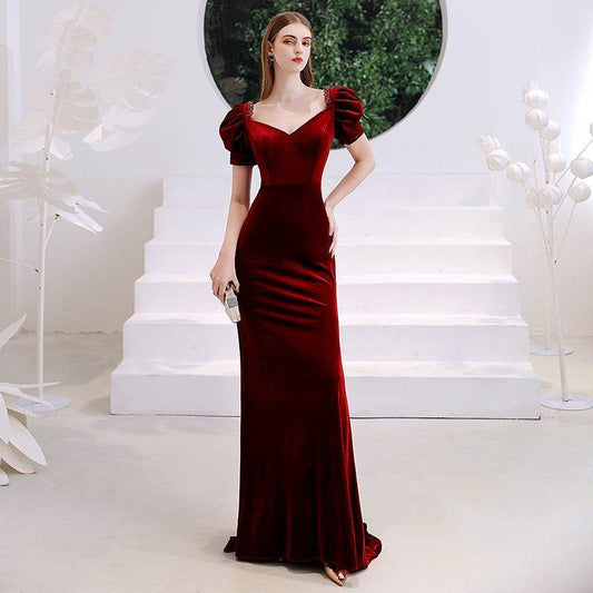 Women's Elegant Red Evening Dress with Velvet Fishtail Design - MODISH X 